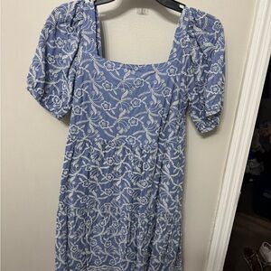 Blue Floral Square-Neck Midi Dress
